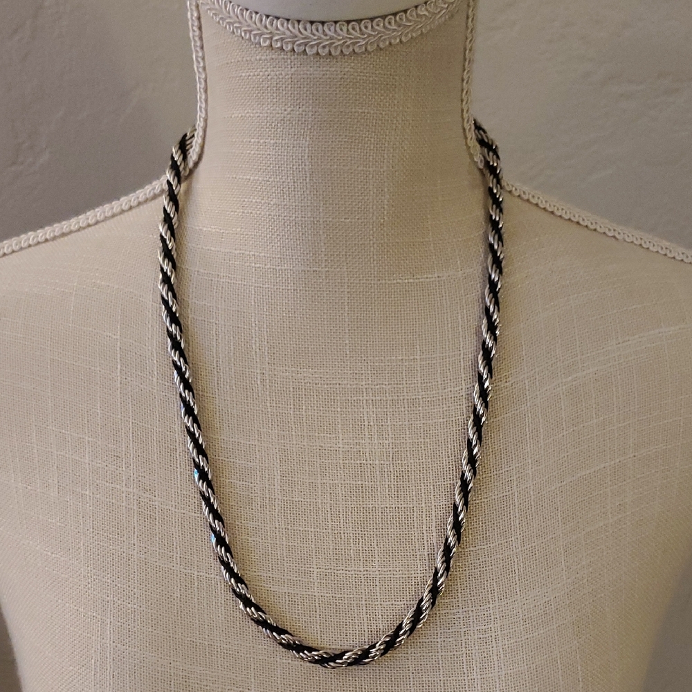 Vintage TRIFARI signed Black and Silver Tone Thick Twisted Rope Necklace 24 Inch